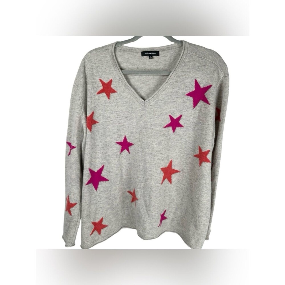 525 America grey 100% Cashmere Knit colorful stars Sweater Size Medium